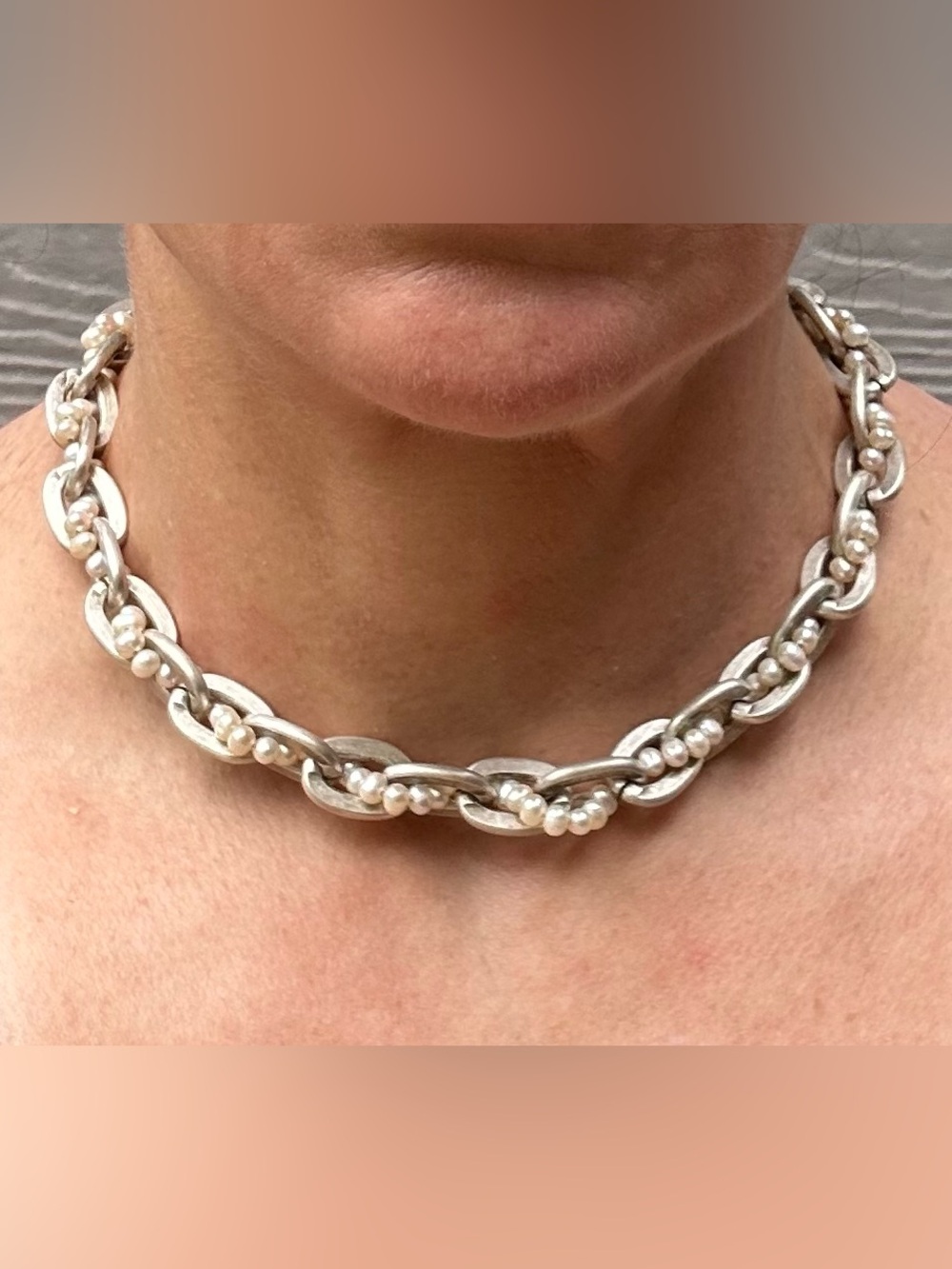 NWOT French Kande Gigi Silver Link Necklace with White Pearls